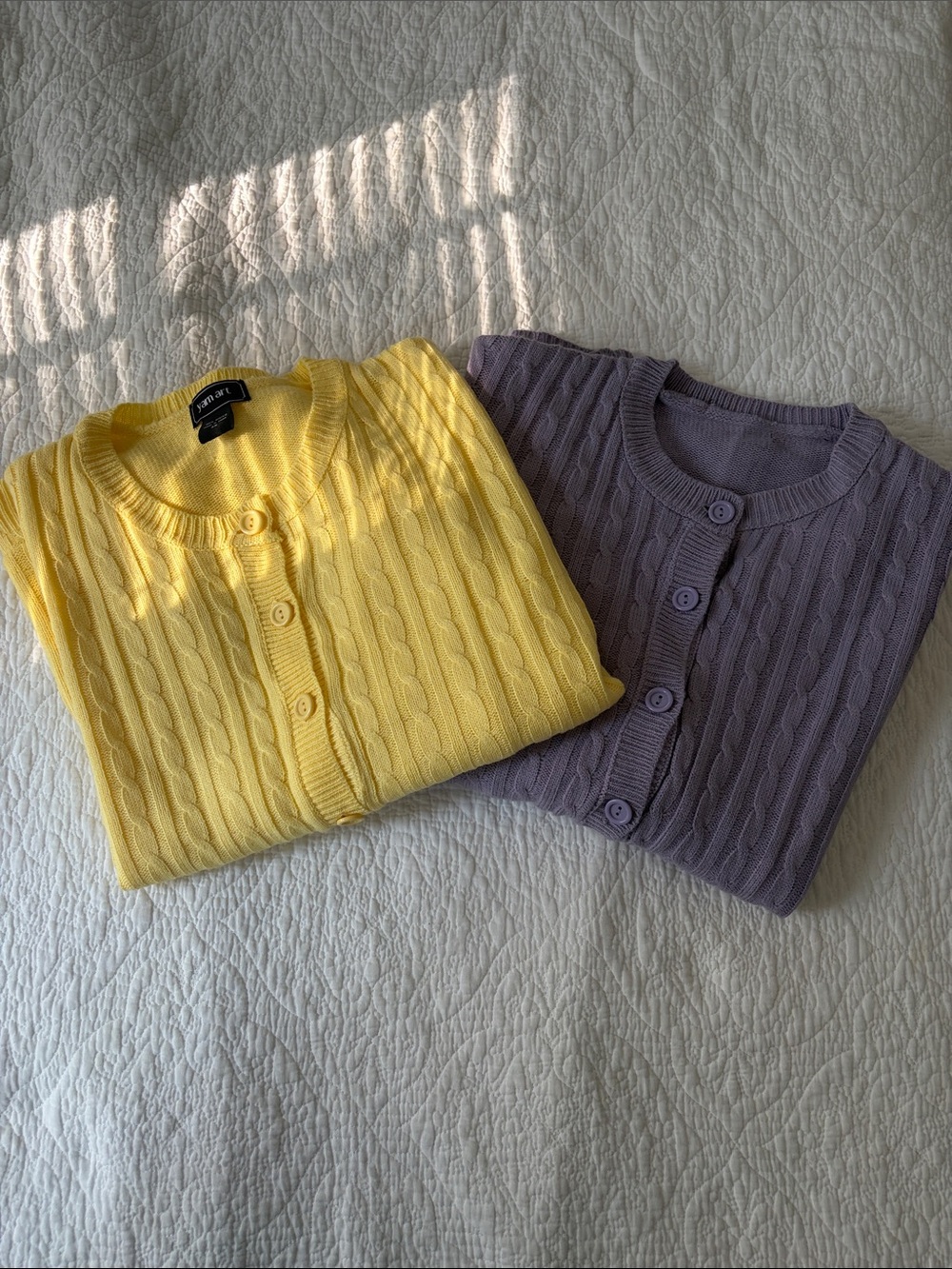 Cable Knit Button Cardigan - Yellow & lavender Women's Sweater